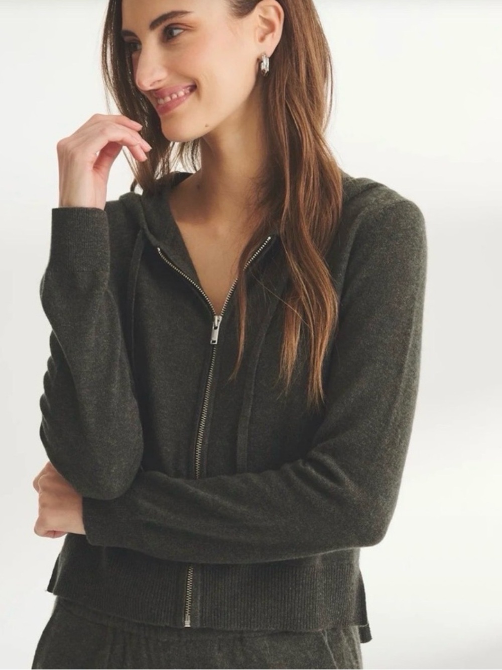 Naadam cashmere cropped olive green hoodie XS